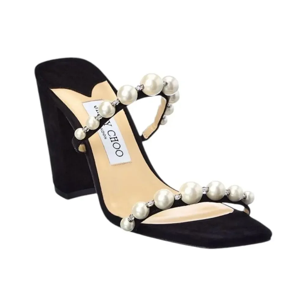 Jimmy Choo Amara 85mm Pearl Straps Suede Block Heels Mules NEW EU 35 US 5